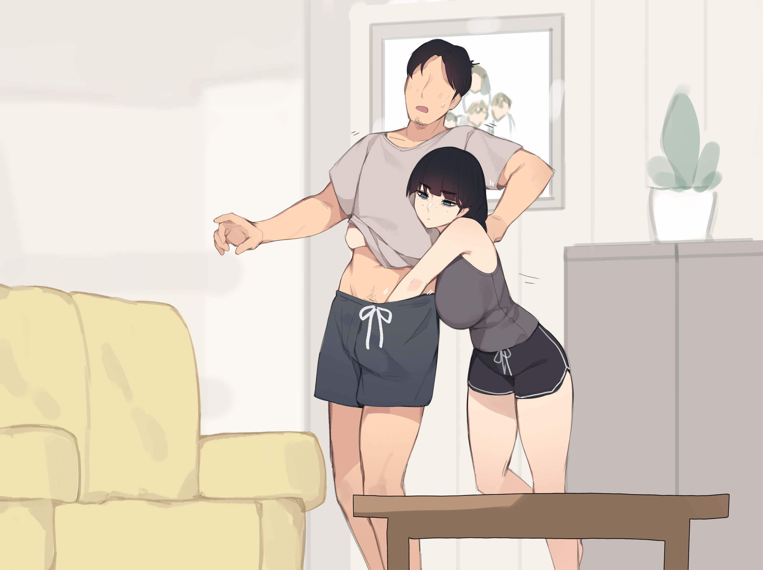 Rule 34 Dev - 1boy 1girl akiyama_fumika_(pepper0) akiyama_ryosuke_(pepper0)  black_hair black_shorts breasts couch faceless faceless_male  father_and_daughter grey_shirt hand_under_clothes hand_under_shorts handjob  handjob_under_clothes hetero highres ...