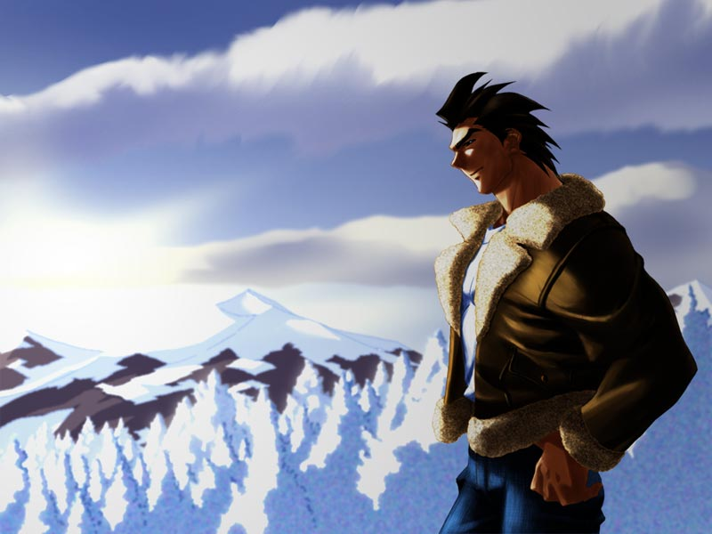 1boy bara capcom cloud dawn forest justice_gakuen kazama_daigo male_focus masanori mountain nature outdoors shiritsu_justice_gakuen sky snow solo sunrise tree