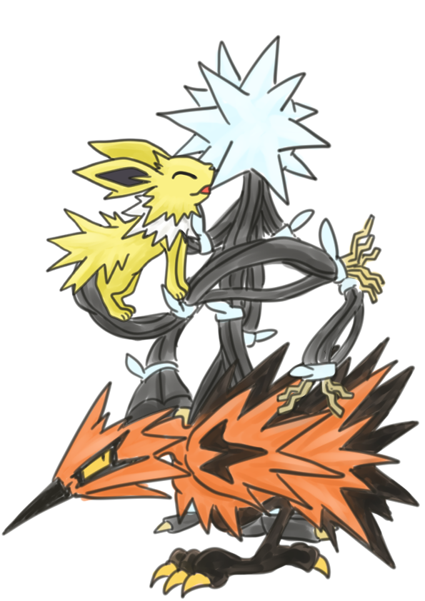 05_(oh_five) 3others bird cable claws full_body galarian_form galarian_zapdos gen_1_pokemon gen_7_pokemon gen_8_pokemon jolteon legendary_pokemon multiple_others nintendo no_humans pokemon pokemon_(creature) simple_background smile spiked_hair spikes standing ultra_beast wire xurkitree