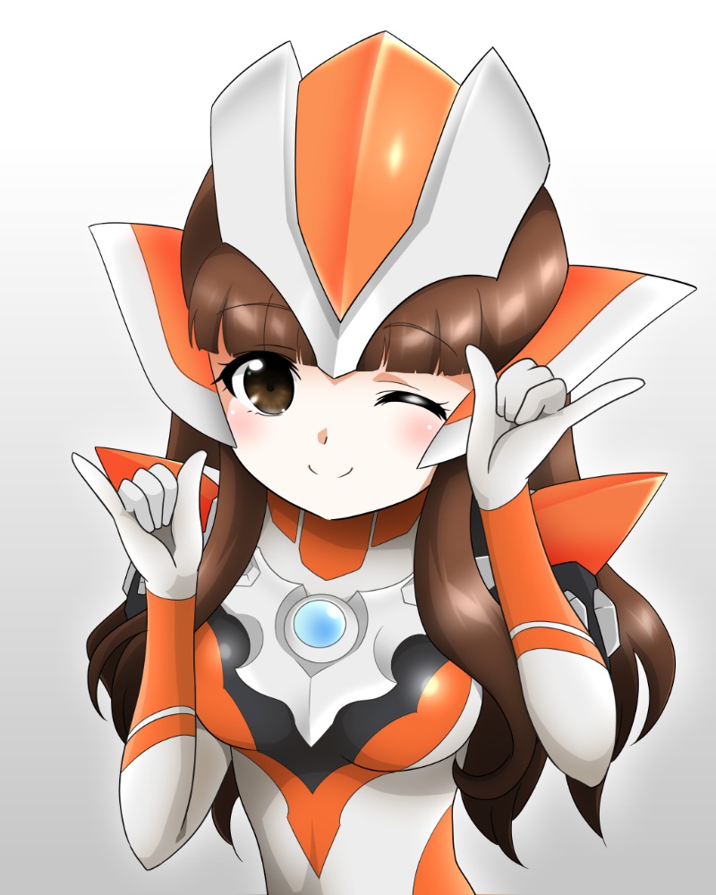 1girl ;) aiueo8371 animification armor armored_bodysuit black_bodysuit blunt_bangs blush bodysuit breasts brown_eyes brown_hair clenched_hands closed_mouth color_timer commentary cosplay gradient_background hands_up headgear humanization long_hair looking_at_viewer medium_breasts minato_asahi multicolored_bodysuit one_eye_closed orange_bodysuit pinky_out self_cosplay shoulder_pads silver_bodysuit skin_tight smile solo tokusatsu ultra_series ultraman_r/b ultrawoman_grigio ultrawoman_grigio_(cosplay) upper_body white_background