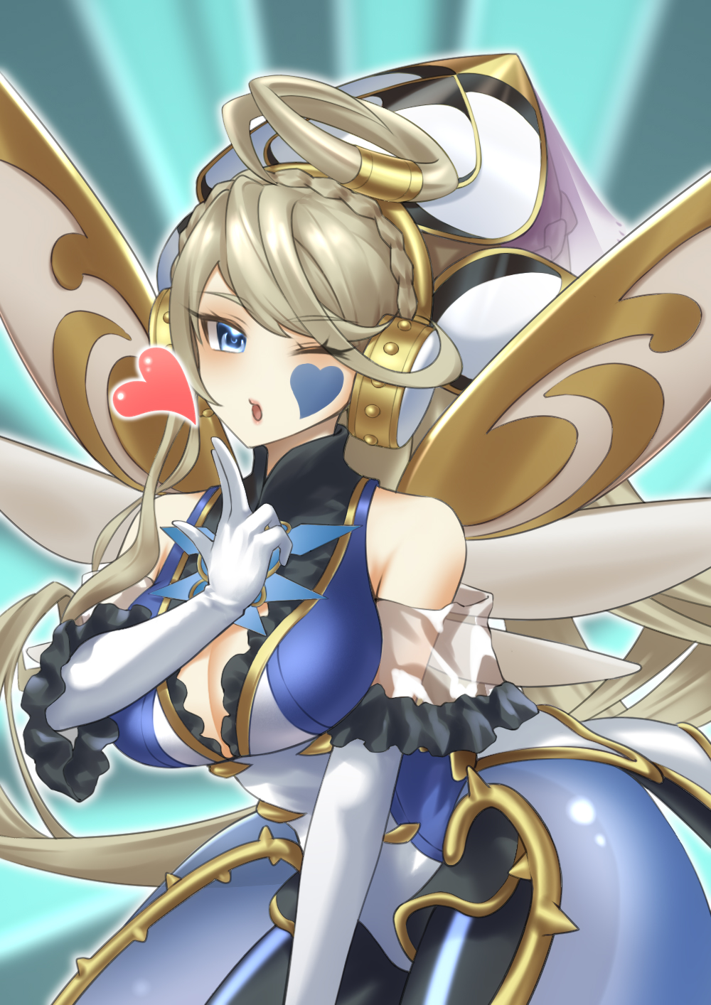 1girl bare_shoulders black_pantyhose blonde_hair blowing_kiss blue_dress blue_eyes braid breasts cleavage commentary cowboy_shot dl-c- dress duel_monster elbow_gloves facial_mark fairy_wings gloves hand_on_own_knee headset heart heart_facial_mark highres large_breasts leaning_forward long_hair looking_at_viewer one_eye_closed pantyhose puckered_lips sidelocks sleeveless sleeveless_dress solo standing swept_bangs trickstar_holly_angel trickstar_noble_angel very_long_hair white_gloves wings yu-gi-oh!