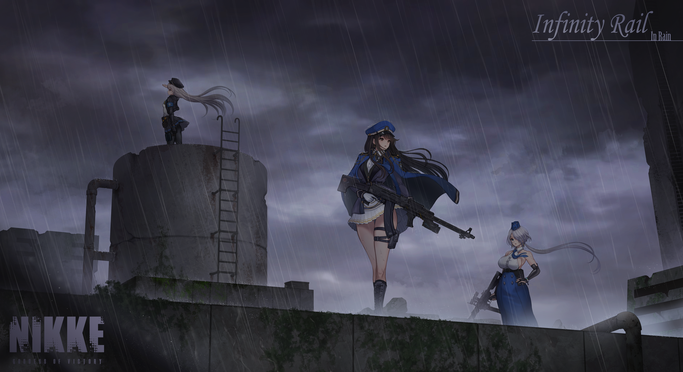 3girls ar-9 arm_up armband ass assault_rifle backless_outfit backless_shirt bare_shoulders belt belt_pouch black_belt black_gloves black_hair black_jacket black_pantyhose black_skirt blue_armband blue_bow blue_bowtie blue_coat blue_eyes blue_necktie blue_skirt boots bow bowtie breasts brid_(nikke) bridal_gauntlets brown_eyes cloud cloudy_sky coat coat_on_shoulders collarbone collared_shirt commentary_request copyright_name diesel_(nikke) earrings floating_earring floating_hair full_body garrison_cap gloves goddess_of_victory:_nikke grey_hair gun hair_between_eyes hair_ornament hair_over_one_eye hand_on_own_hip hat high-waist_skirt highres holding holding_gun holding_weapon infinity_rail_(nikke) jacket jewelry korean_commentary large_breasts light_machine_gun logo long_hair long_skirt looking_to_the_side looking_up low-tied_long_hair low_ponytail machine_gun military_hat military_jacket military_uniform multiple_girls necktie no_mole open_clothes open_jacket outdoors pantyhose parted_lips peaked_cap pleated_skirt ponytail pouch rain revision rifle rpk rpk-74 shirt sideboob sidelocks skirt sky sleeveless small_breasts soline_(nikke) standing striped_necktie thigh_belt thigh_pouch thigh_strap toriseru_(rare_stone) triangle_earrings very_long_hair weapon white_gloves white_shirt white_skirt