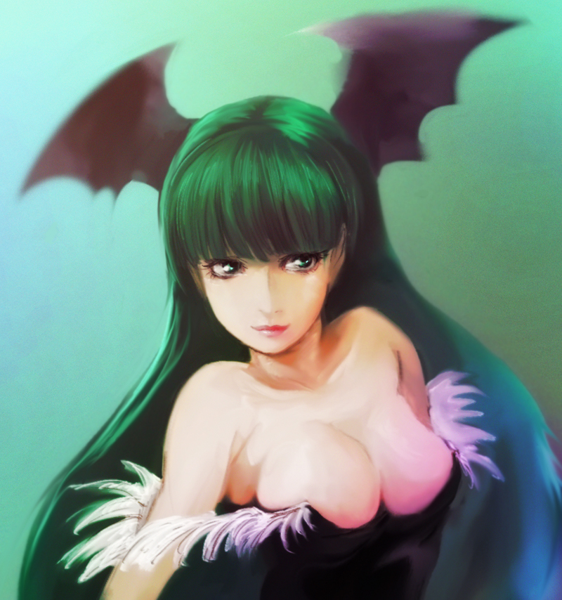 1girl bare_shoulders bat_wings blurry breasts cleavage collarbone feather_trim female_focus goru_(cure_golgom) gradient_background green_background green_eyes green_hair head_wings large_breasts light_smile long_hair looking_away matching_hair/eyes morrigan_aensland pink_lips red_lips solo upper_body darkstalkers very_long_hair wings