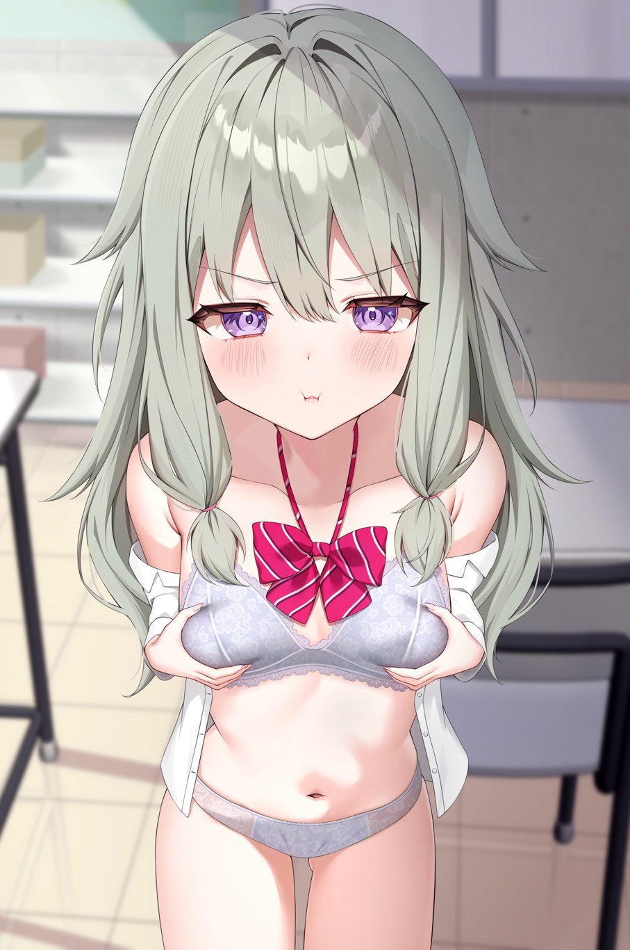 1girl bow bowtie bra breast_conscious breasts charl2837 classroom collarbone commentary from_above grabbing_own_breast green_hair grey_bra grey_hair grey_panties highres kusanagi_nene long_hair long_sidelocks low-tied_sidelocks messy_hair navel off_shoulder open_clothes open_shirt panties project_sekai purple_eyes red_bow red_bowtie shirt sidelocks small_breasts solo striped_bow striped_bowtie striped_clothes underwear white_shirt