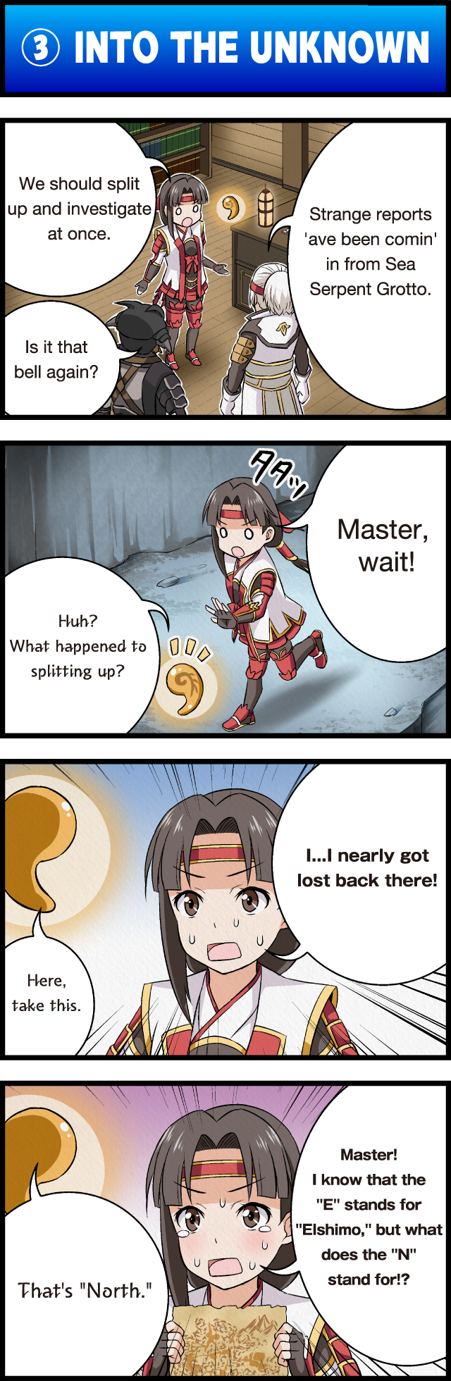 00s 4koma armor book bookshelf brown_eyes brown_hair cave character_request comic desk_lamp empty_eyes english_text final_fantasy final_fantasy_xi gilgamesh_(final_fantasy) glowing hair_tubes headband highres iroha_(ff11) japanese_armor lamp map o_o orb ponytail speech_bubble sweatdrop table tears tomokichi walking wooden_floor zeid
