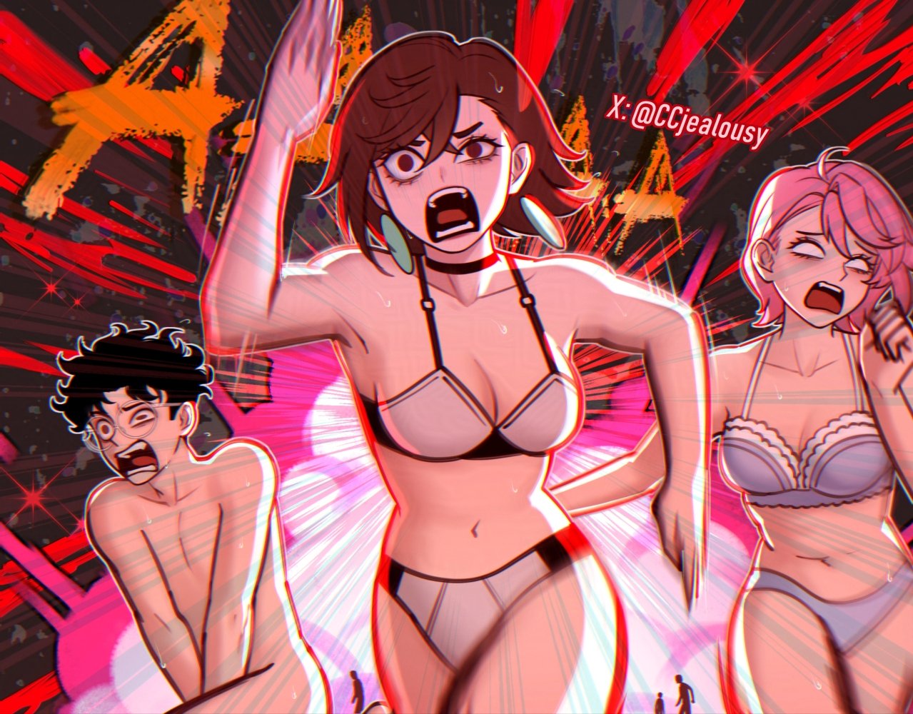 1boy 2girls ayase_momo bare_arms bare_shoulders black_choker black_hair bra breasts brown_eyes brown_hair choker cleavage clothed_female_nude_male collarbone commentary completely_nude covering_privates czy_(2894456992) dandadan earrings emphasis_lines english_commentary explosion_gag floating_earrings glasses hair_between_eyes jewelry medium_breasts motion_blur motion_lines multiple_boys multiple_girls navel nude open_mouth panties pink_hair purple_bra purple_panties round_eyewear running screaming shiratori_aira_(dandadan) short_hair speed_lines stomach takakura_ken_(dandadan) twitter_username underwear underwear_only white_bra white_eyes white_panties