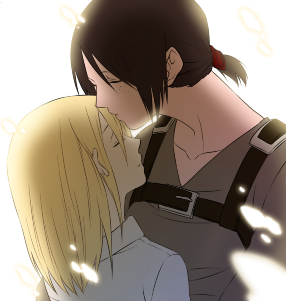 2girls black_hair blonde_hair buckle krista_lenz closed_eyes kissing_forehead freckles hak_(fox0179) kiss kissing_forehead multiple_girls ponytail shingeki_no_kyojin short_hair ymir_(shingeki_no_kyojin) yuri