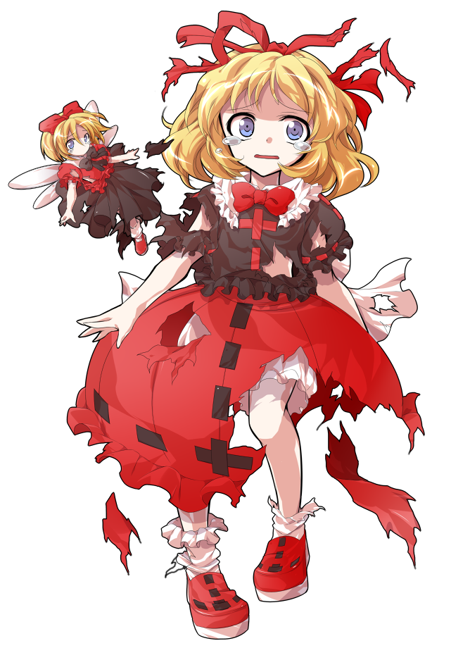 2girls alphes_(style) back_bow black_shirt black_skirt blonde_hair bloomers blue_eyes bow bowtie collared_shirt commentary_request contrast_collar crying crying_with_eyes_open dairi defeat fairy_wings frilled_shirt_collar frilled_socks frills full_body hair_ribbon large_variant_set long_skirt medicine_melancholy medium_hair multiple_girls open_mouth parody puffy_short_sleeves puffy_sleeves red_bow red_bowtie red_ribbon red_shirt red_shoes red_skirt ribbon ribbon-trimmed_skirt ribbon_trim shirt shoes short_sleeves skirt socks style_parody su-san tachi-e tears torn_clothes touhou transparent_background underwear variant_set white_bloomers white_bow white_socks wings