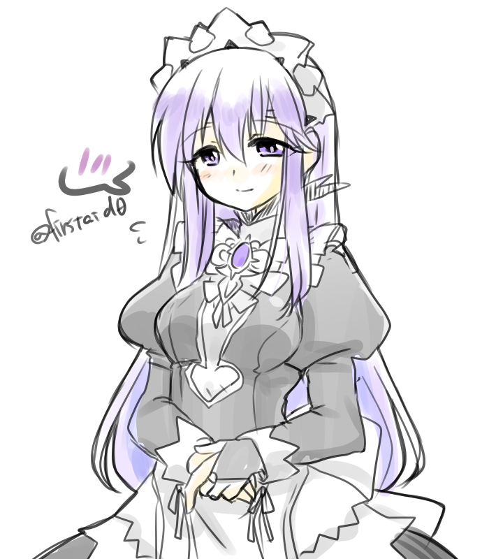 1girl alternate_costume apron breasts circlet cosplay dress felicia_(fire_emblem) felicia_(fire_emblem)_(cosplay) fire_emblem fire_emblem:_genealogy_of_the_holy_war fire_emblem_fates julia_(fire_emblem) long_hair maid maid_apron maid_headdress medium_breasts nintendo own_hands_together purple_eyes purple_hair simple_background smile solo upper_body yukia_(firstaid0)