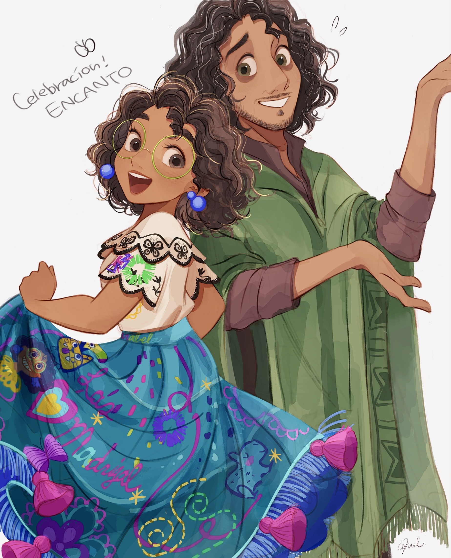 1boy 1girl aqua_skirt brown_eyes brown_hair brown_shirt bruno_madrigal copyright_name dark-skinned_female dark-skinned_male dark_skin encanto facial_hair green_poncho highres melchencanto mirabel_madrigal open_mouth poncho print_shirt print_skirt shirt short_hair short_sleeves simple_background skirt teeth uncle_and_niece upper_teeth_only white_background white_shirt