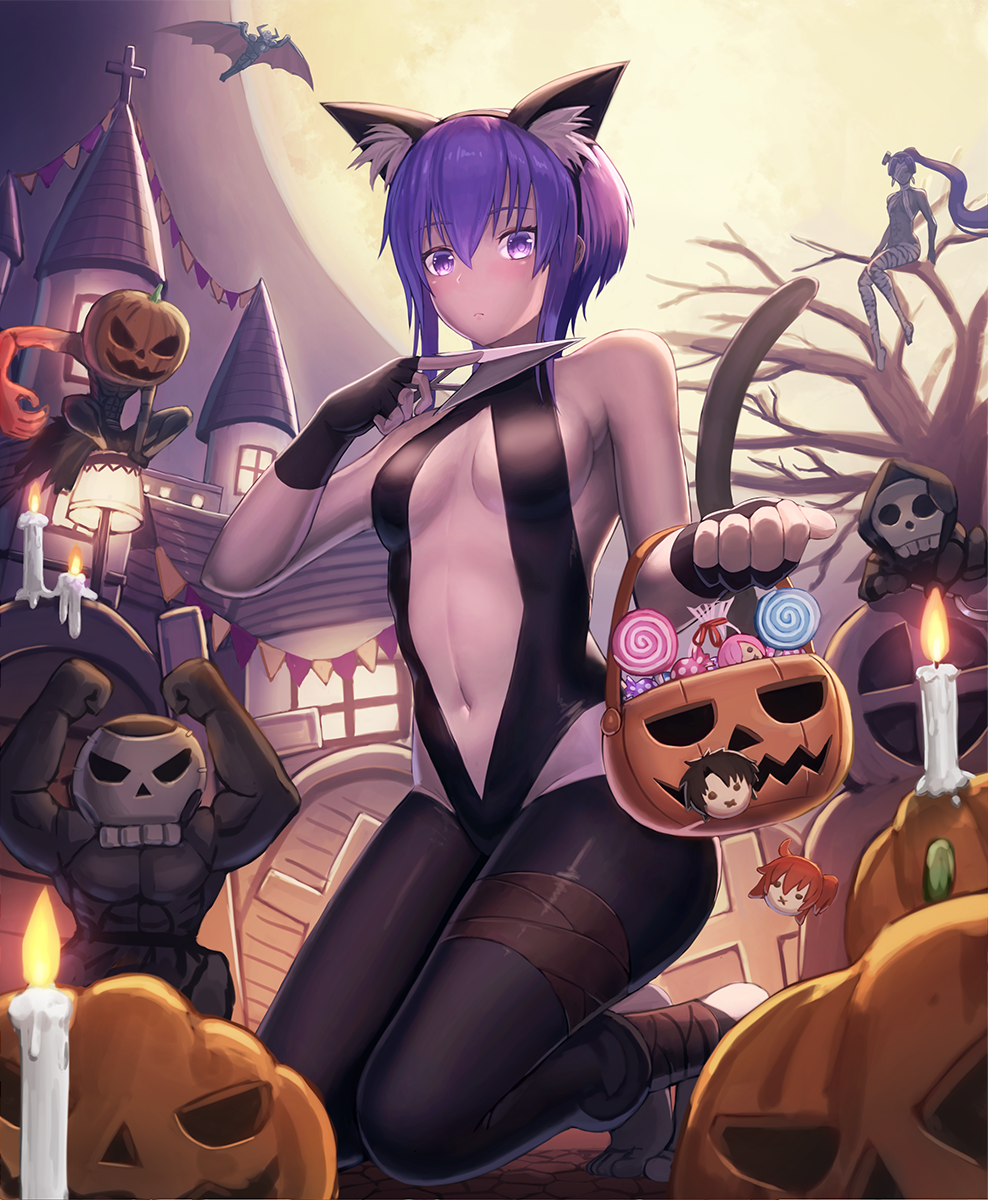 3boys 3girls animal_ears assassin_(fate/zero) bare_shoulders barefoot belt black_gloves black_legwear breasts candle candy cat_ears cat_tail center_opening church dark_skin dark-skinned_female fake_animal_ears fake_tail fate/grand_order fate_(series) feet female_assassin_(fate/zero) fingerless_gloves flag food fujimaru_ritsuka_(female) fujimaru_ritsuka_(male) gloves halloween halloween_bucket halloween_costume hassan_of_serenity_(fate) hassan_of_the_cursed_arm_(fate) highres holding holding_weapon king_hassan_(fate) kunai looking_at_viewer moon multiple_boys multiple_girls night night_sky ponytail pumpkin purple_eyes purple_hair short_hair sky suraimu_(suraimuraimu) tail weapon