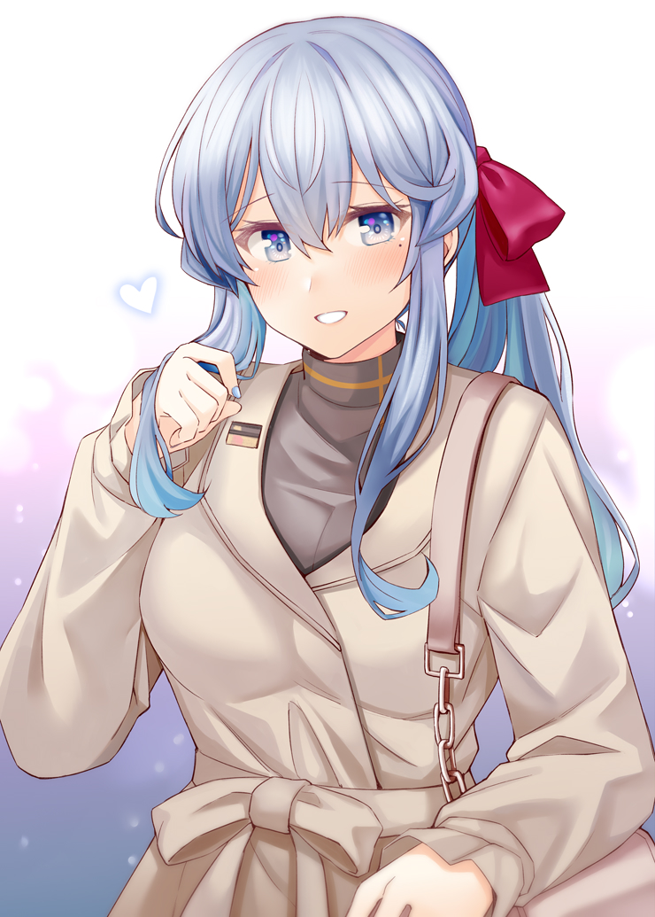 1girl blue_eyes blue_hair breasts brown_shirt coat gotland_(kancolle) kantai_collection long_hair long_sleeves looking_at_viewer medium_breasts mole mole_under_mouth open_mouth revision rui_shi_(rayze_ray) shirt smile solo upper_body yellow_coat