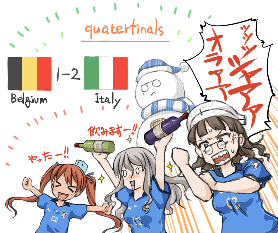 &gt;_&lt; alcohol alternate_costume anger_vein belgian_flag blush bottle bras_d&#039;honneur breasts brown_hair euro_2020 flag glasses grey_hair hair_between_eyes hair_ribbon hat headdress holding holding_bottle italian_flag kantai_collection libeccio_(kancolle) long_hair multiple_girls open_mouth pince-nez pola_(kancolle) ribbon roma_(kancolle) scarf shirt short_hair short_sleeves simple_background soccer sparkle sportswear suda_(yuunagi_enikki) sweat the_roma-like_snowman translation_request twintails white_background