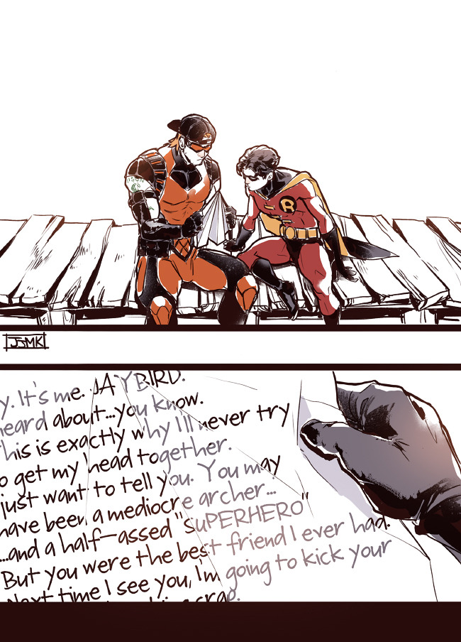 2boys artist_name baseball_cap batman_(series) black_footwear black_gloves black_hair bodysuit boots dc_comics domino_mask english_text full_body gloves hat jason_todd jjmk-jjmk male_focus mask multiple_boys muscular muscular_male orange_hair pants red_bodysuit roy_harper short_hair superhero_costume two-tone_bodysuit