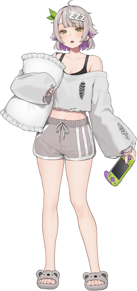 1girl ahoge black_tank_top breasts cleavage colored_inner_hair frilled_pillow frills full_body green_eyes grey_hair grey_slippers grey_sweater hair_ornament hamunezuko_(nezukonezu32) handheld_game_console holding holding_handheld_game_console holding_pillow large_breasts long_sleeves looking_at_viewer mewlive multicolored_hair nukunuku_nemumi off-shoulder_sweater off_shoulder official_art open_mouth pillow purple_hair second-party_source short_hair simple_background sleeves_past_fingers sleeves_past_wrists slippers solo standing sweater tank_top teeth toes torn_clothes torn_sweater transparent_background upper_teeth_only virtual_youtuber zzz zzz_hair_ornament