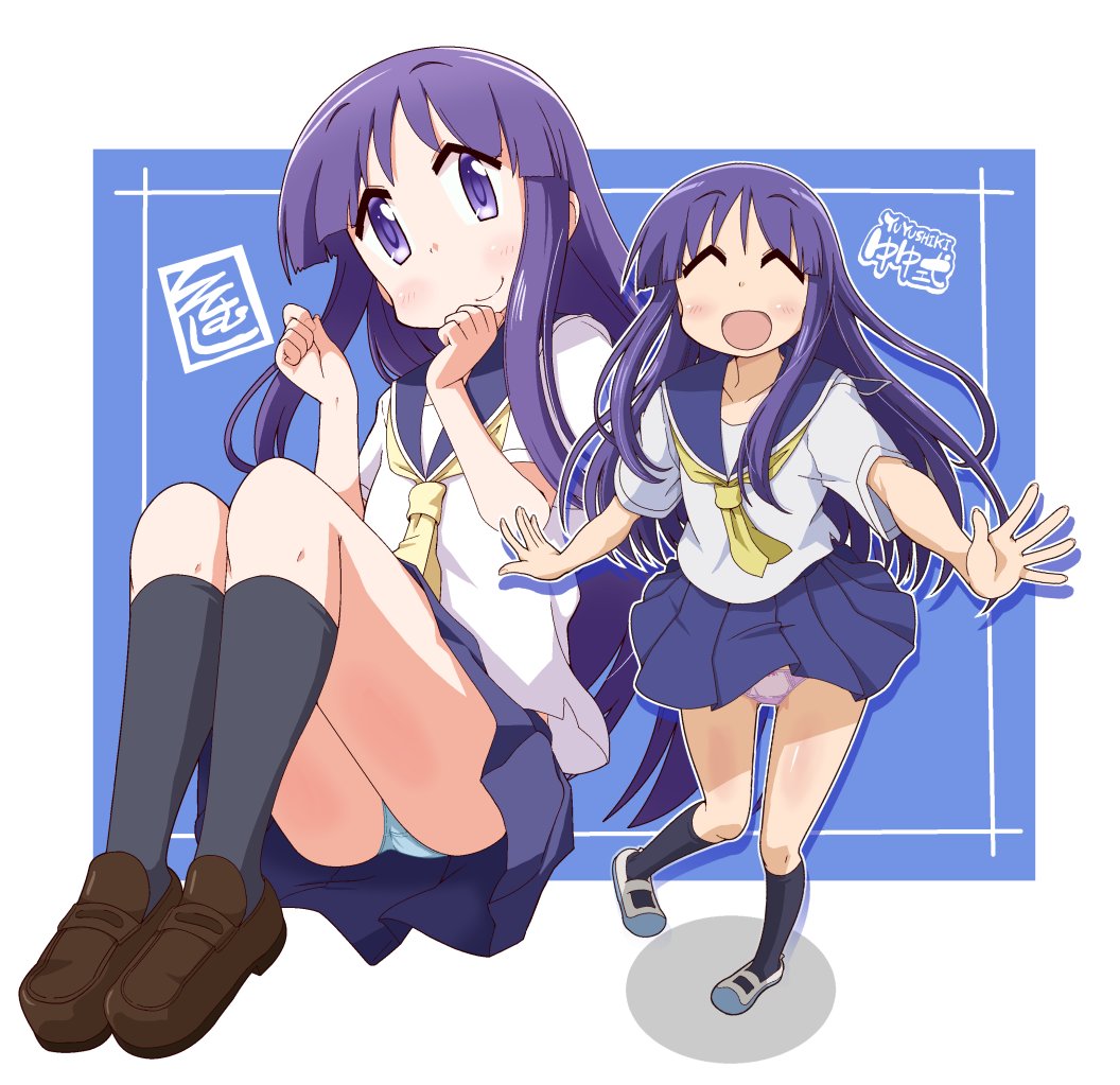 1girl artist_logo black_socks blue_sailor_collar blue_skirt brown_footwear hinata_yukari ki_(adotadot) loafers logo multiple_views neckerchief panties pantyshot purple_hair sailor_collar school_uniform serafuku shoes skirt socks summer_uniform underwear white_panties yellow_neckerchief yuyushiki yuyushiki&#039;s_school_uniform