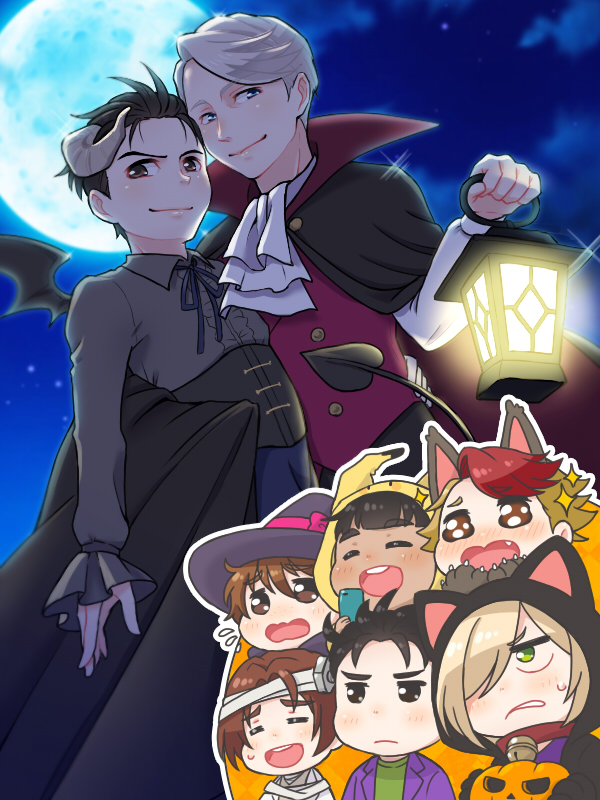 6+boys ^_^ animal_ears animal_hood ascot bandages bell black_hair blonde_hair blue_eyes blush bolt_(hardware) brown_eyes brown_hair cape cat_hood cellphone closed_eyes collar cosplay demon_horns demon_tail demon_wings fang full_moon gen_1_pokemon green_eyes halloween hat hood horns jack-o&#039;-lantern ji_guang-hong katsuki_yuuri lantern leo_de_la_iglesia male_focus minami_kenjirou moon multicolored_hair multiple_boys neck_bell nintendo open_mouth otabek_altin phichit_chulanont phone pikachu pikachu_(cosplay) pokemon red_hair ruei_(chicking) silver_hair smartphone smile sparkle tail two-tone_hair viktor_nikiforov wings witch_hat wolf_ears wolf_paws yuri!!!_on_ice yuri_plisetsky