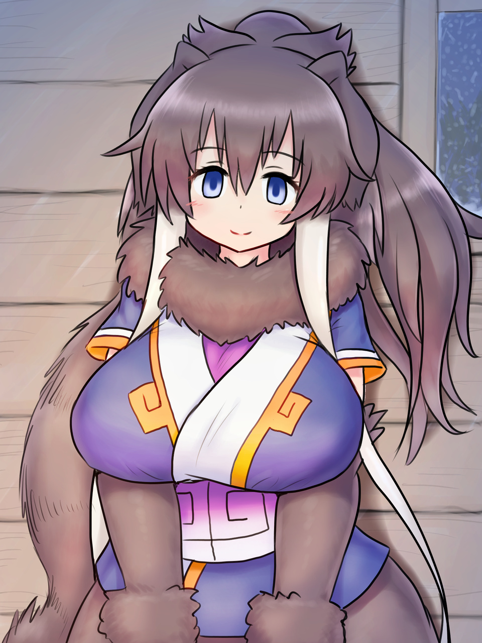 1girl animal_ears blue_eyes breasts brown_hair closed_mouth detached_sleeves empty_eyes fur-trimmed_sleeves fur_scarf fur_trim hair_between_eyes high_ponytail highres indoors kemono_friends large_breasts long_hair looking_at_viewer mammoth_(kemono_friends) mammoth_ears mo23 night ponytail scarf shirt short_sleeves smile snowing solo window