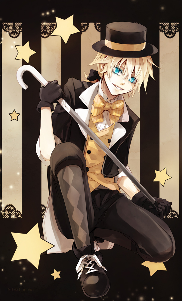 1boy argyle_clothes argyle_legwear blonde_hair blue_eyes bow bowtie cane formal_clothes gloves hat kagamine_len kagamine_len_(tricker) lancha male_focus ponytail solo suit top_hat vocaloid yumekui_shirokuro_baku_(vocaloid)
