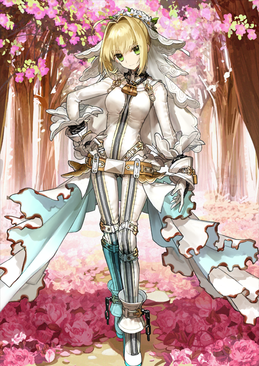 1girl ahoge arm_at_side belt blonde_hair bodysuit breasts breasts_apart brown_belt chain closed_mouth fate/grand_order fate_(series) flower flower_wreath full-length_zipper full_body gloves green_eyes hair_between_eyes hair_flower hair_intakes hair_ornament hand_on_own_hip head_tilt head_wreath lock long_sleeves nero_claudius_(bride)_(fate) nero_claudius_(fate) official_art padlock padlocked_collar short_hair showgirl_skirt sidelocks skirt smile solo standing thigh_gap third-party_source tree variant_set veil wada_arco white_bodysuit white_flower white_gloves white_skirt white_veil zipper zipper_pull_tab
