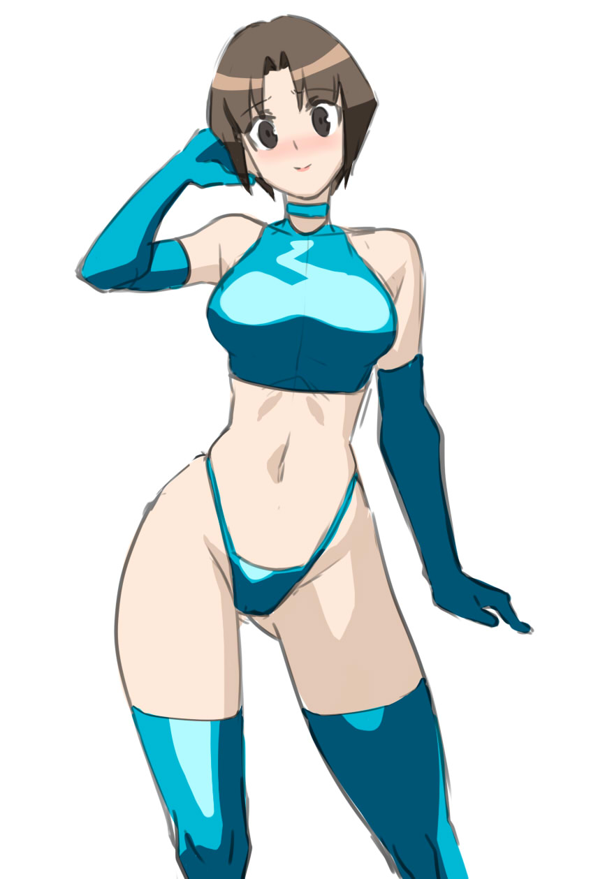 1girl blue_choker blue_thighhighs blush breasts brown_eyes brown_hair choker closed_mouth elbow_gloves gloves haruka_hikari_(mega_man) highres looking_at_viewer mature_female mega_man_(series) mega_man_battle_network_(series) navel short_hair simple_background smile solo sports_bikini standing thighhighs ukimukai white_background