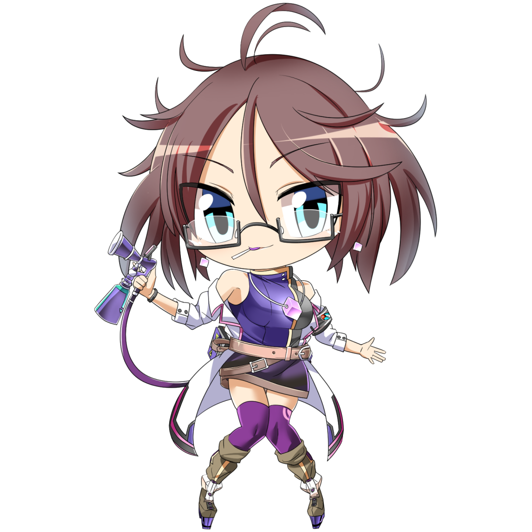 1girl black-framed_eyewear black_skirt blue_eyes boots breasts brown_boots brown_hair character_request chibi cigarette closed_mouth coat commentary_request crystal cube_earrings full_body gem glasses hair_between_eyes hop_step_jumpers jewelry lets0020 long_sleeves looking_at_viewer medium_breasts messy_hair necklace open_clothes open_coat paint_gun pendant purple_gemstone purple_shirt purple_thighhighs semi-rimless_eyewear shirt short_hair simple_background skirt sleeveless sleeveless_shirt smile solo thighhighs transparent_background under-rim_eyewear white_coat