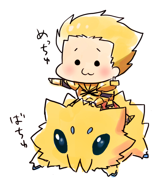 1boy :3 armor bad_id bad_pixiv_id blonde_hair chibi crossover earrings fate/stay_night fate_(series) gen_5_pokemon gilgamesh_(fate) hachi_(gaoo) jewelry joltik male_focus nintendo pokemon pokemon_(creature) riding riding_pokemon white_background