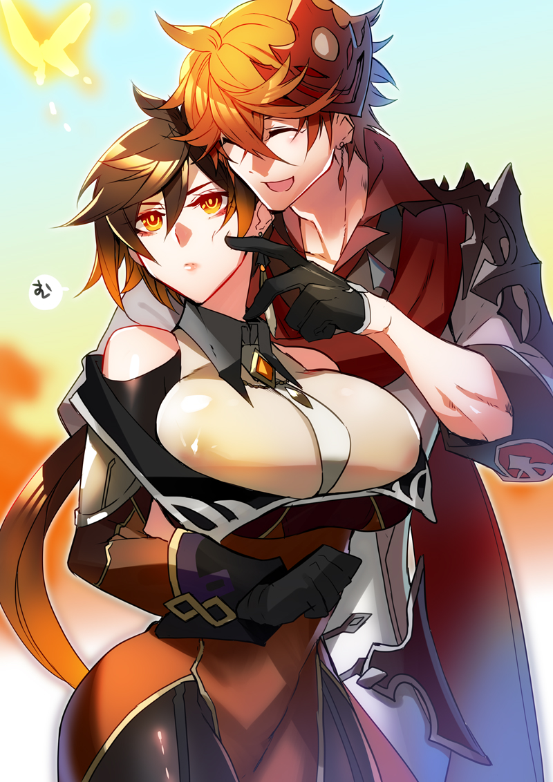 1boy 1girl black_gloves black_pantyhose blurry blurry_background breasts brown_hair cheek_poking closed_eyes closed_mouth collared_shirt commentary_request covered_erect_nipples earrings eyeliner eyeshadow genderswap genderswap_(mtf) genshin_impact gloves gradient_hair hair_between_eyes jacket jewelry kaneaki_mukku large_breasts long_hair long_sleeves makeup mask mask_on_head multicolored_hair necktie open_mouth orange_hair pantyhose poking ponytail red_eyeshadow scarf shirt short_hair single_earring speech_bubble tartaglia_(genshin_impact) tassel tassel_earrings translation_request yellow_eyes zhongli_(genshin_impact)