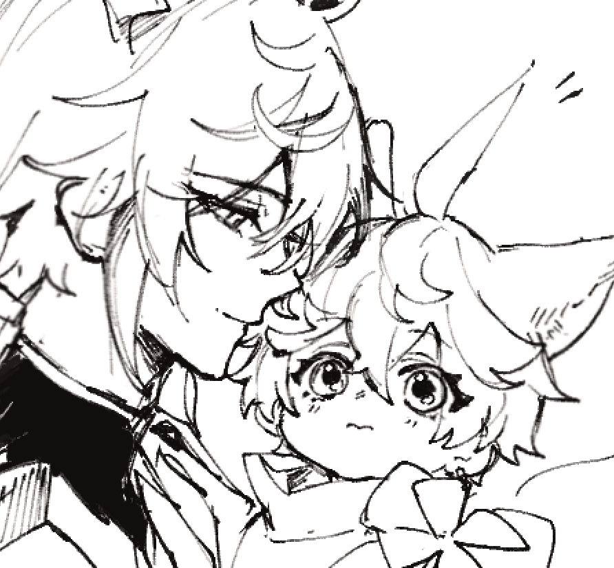 2boys aged_down animal_ears chibi fox_ears genshin_impact greyscale hamtaru542899 monochrome mors_gn multiple_boys tartaglia_(genshin_impact) twitter white_background zhongli_(genshin_impact)
