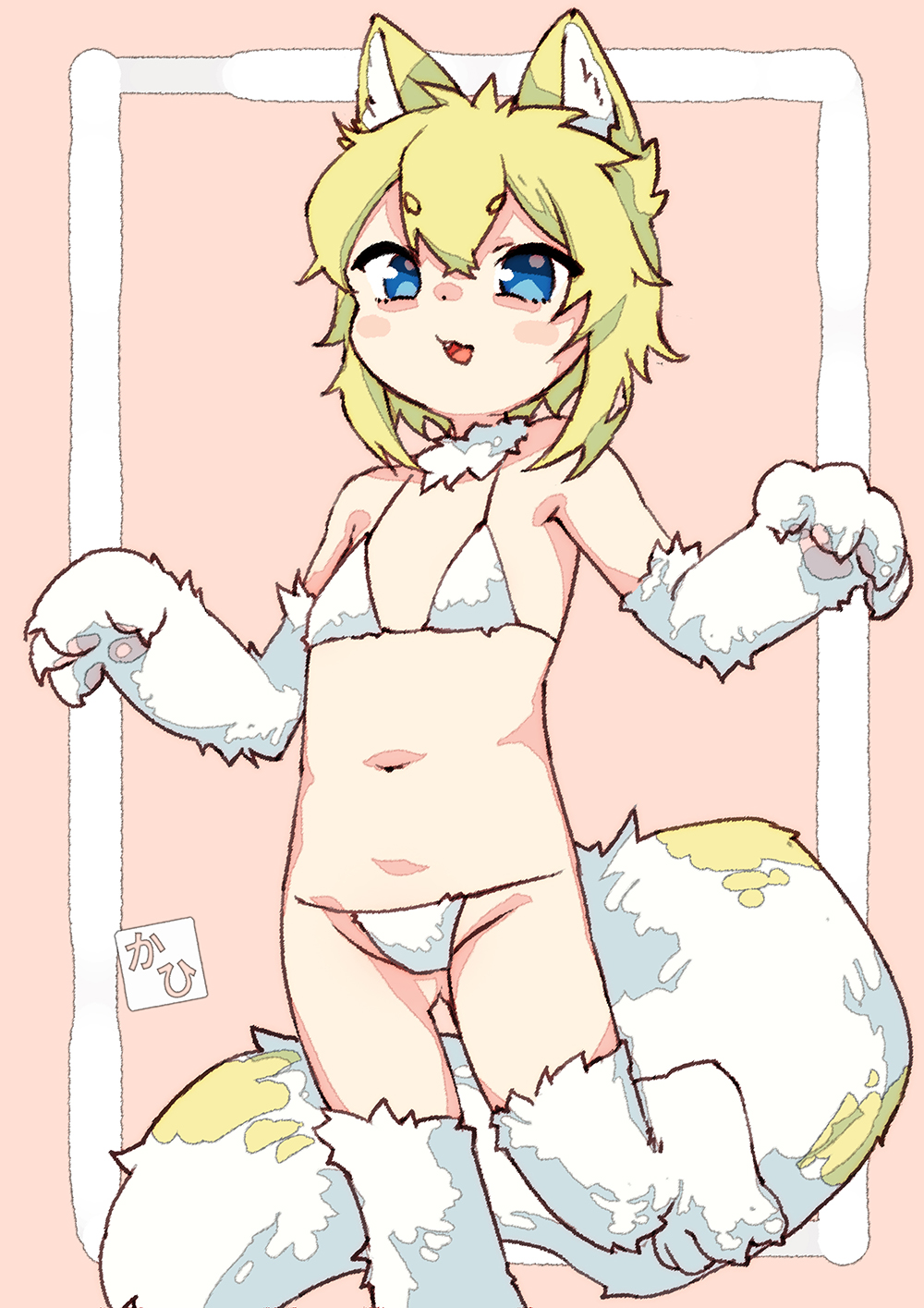 1girl animal_ears animal_feet animal_hands armpit_crease blonde_hair blue_eyes blush_stickers border claws commentary_request double-parted_bangs fang feet_out_of_frame flat_chest foot_up fur_bikini gloves gluteal_fold hands_up highres looking_at_viewer mabo9317 messy_hair navel neck_fur open_mouth original outside_border paw_gloves pink_background short_hair spotted_tail standing standing_on_one_leg tail white_border wolf_ears wolf_girl wolf_tail