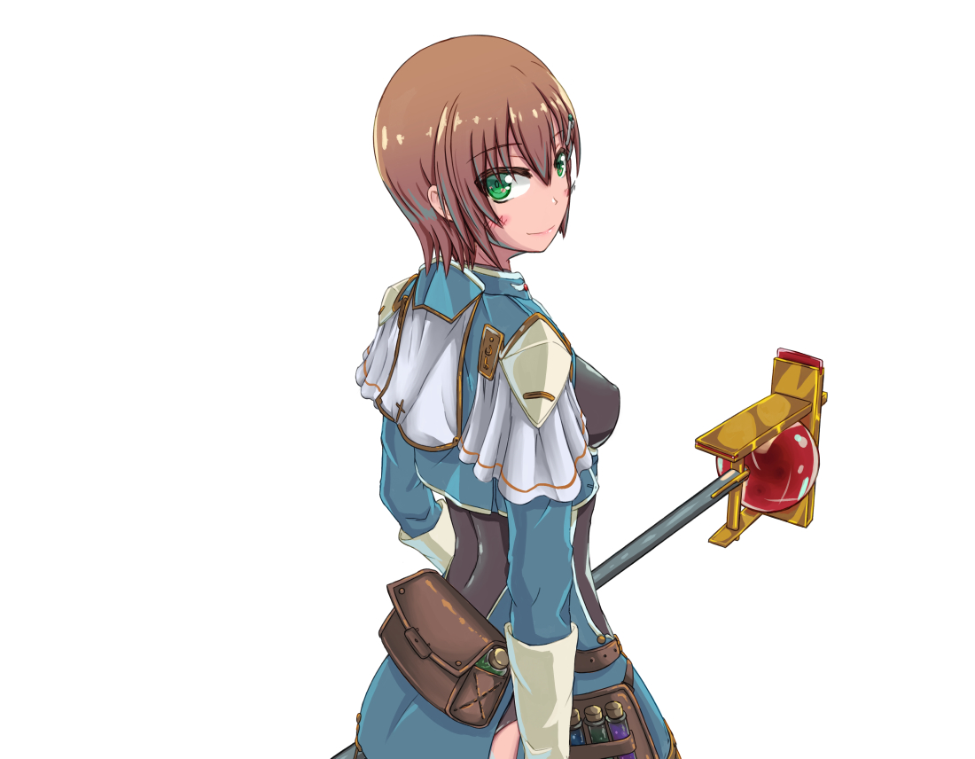 1girl blush breasts brown_hair closed_mouth covered_erect_nipples gloves green_eyes halcyon_(halcyon90) holding looking_at_viewer looking_back military military_uniform mon-musu_quest! mon-musu_quest:_paradox short_hair simple_background smile solo sonya_(mon-musu_quest!) standing white_background
