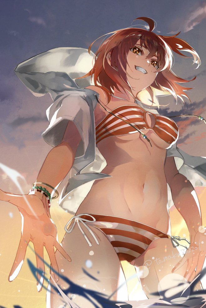 1girl ahoge bikini breasts cowboy_shot dress_swimsuit fate/grand_order fate_(series) from_below fujimaru_ritsuka_(female) fujimaru_ritsuka_(female)_(brilliant_summer) hanako_(onikutabetaiyo) hood hooded_jacket jacket looking_at_viewer medium_breasts medium_hair navel o-ring o-ring_bikini o-ring_top official_alternate_costume one_side_up open_clothes open_hand open_jacket orange_bikini orange_eyes orange_hair side-tie_bikini_bottom smile striped_bikini striped_clothes swimsuit