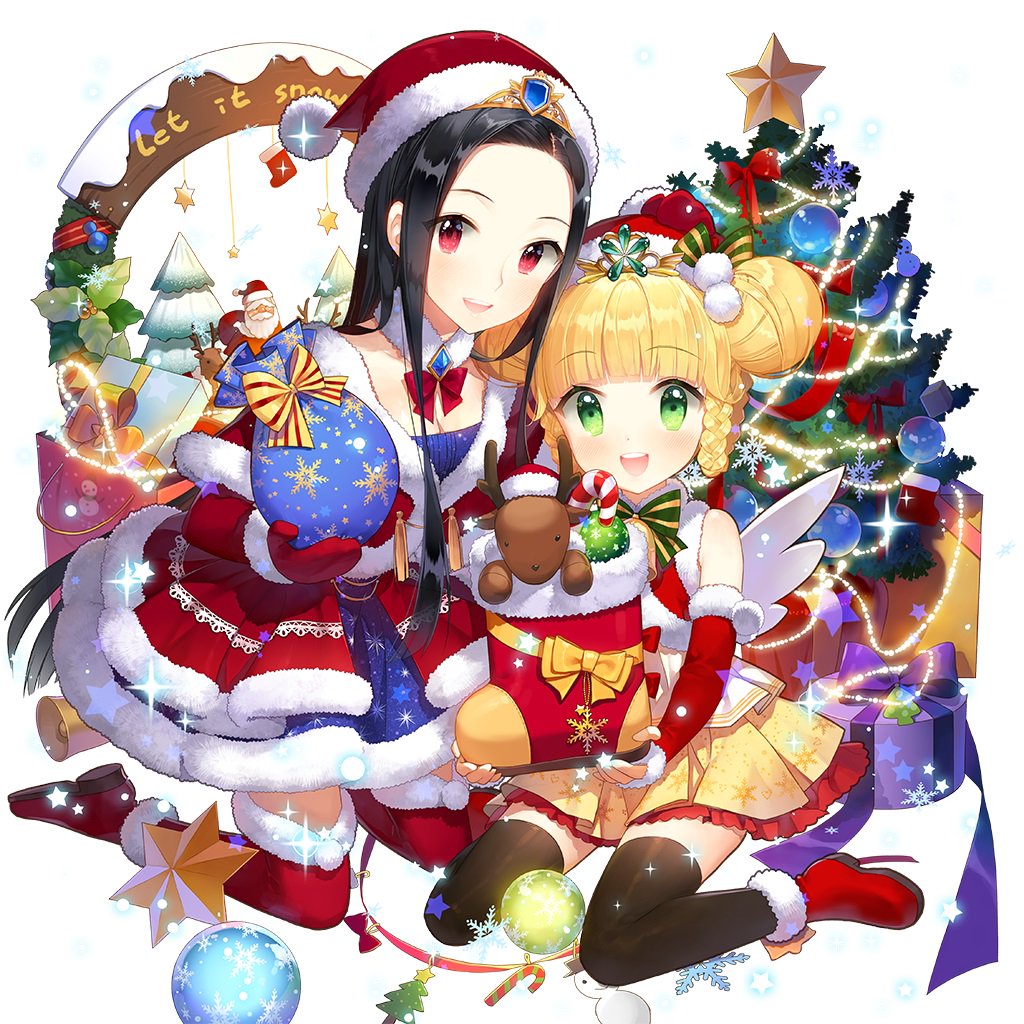2girls :d angel_wings artoria_pendragon_(fate) bag bare_shoulders bell belt black_hair blonde_hair blue_bow blue_ribbon blunt_bangs blush boots bow box breasts brown_gloves candy candy_cane capelet character_doll choker christmas christmas_ornaments christmas_tree clarice_lapis cleavage collar collarbone detached_collar detached_sleeves doll double_bun dress earrings elbow_gloves flower food frills full_body fur-trimmed_boots fur-trimmed_dress fur-trimmed_gloves fur-trimmed_headwear fur-trimmed_skirt fur-trimmed_sleeves fur_trim gift gift_box gloves green_eyes hair_bun hair_ornament hair_ribbon hair_scrunchie hat high_heel_boots high_heels holding holly jewelry jingle_bell kneeling long_hair long_sleeves looking_at_viewer merry_christmas miniskirt multiple_girls neck_bell open_mouth parted_bangs parted_lips pleated_skirt pom_pom_(clothes) print_skirt red_bow red_dress red_eyes red_gloves red_ribbon red_skirt reindeer ribbon saber_(fate) sack salt_(salty) santa_costume santa_hat sapphire_emerald scarf scrunchie shirt shoes short_dress short_hair sidelocks simple_background sitting skirt sleeveless smile snowflake_print snowflakes snowman sparkle star_(symbol) star_hair_ornament star_print strapless striped_bow stuffed_animal stuffed_toy tareme teddy_bear thigh_boots thighhighs tilted_headwear twintails uchi_no_hime-sama_ga_ichiban_kawaii very_long_hair wariza white_background wings zettai_ryouiki