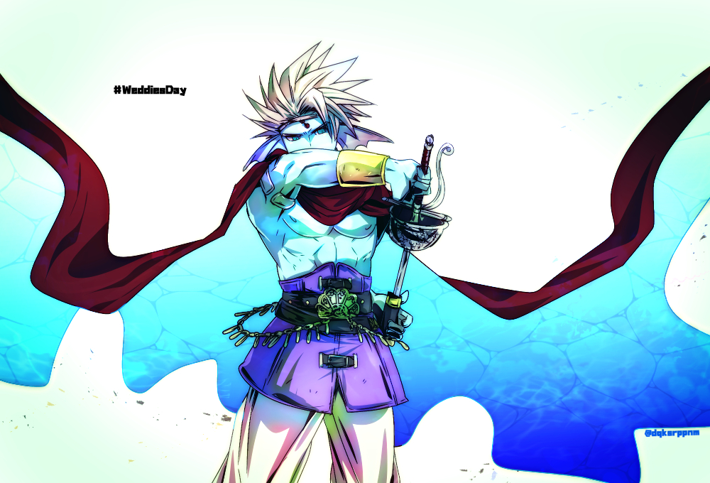 1boy aqua_eyes armlet blonde_hair blue_skin cape circlet colored_skin commentary_request dragon_quest dragon_quest_x english_text fins fish_boy floating_cape floating_clothes gold_bracer hashtag head_fins holding holding_sword holding_weapon jewelry looking_down male_focus muscular muscular_male odisu_(dq10) ozogori_(user_tzaz2447) pants rapier red_cape sheath short_hair silver_armlet silver_circlet solo spiked_hair sword topless_male two-sided_cape two-sided_fabric unsheathing weapon weddie_(dq10) white_background white_pants