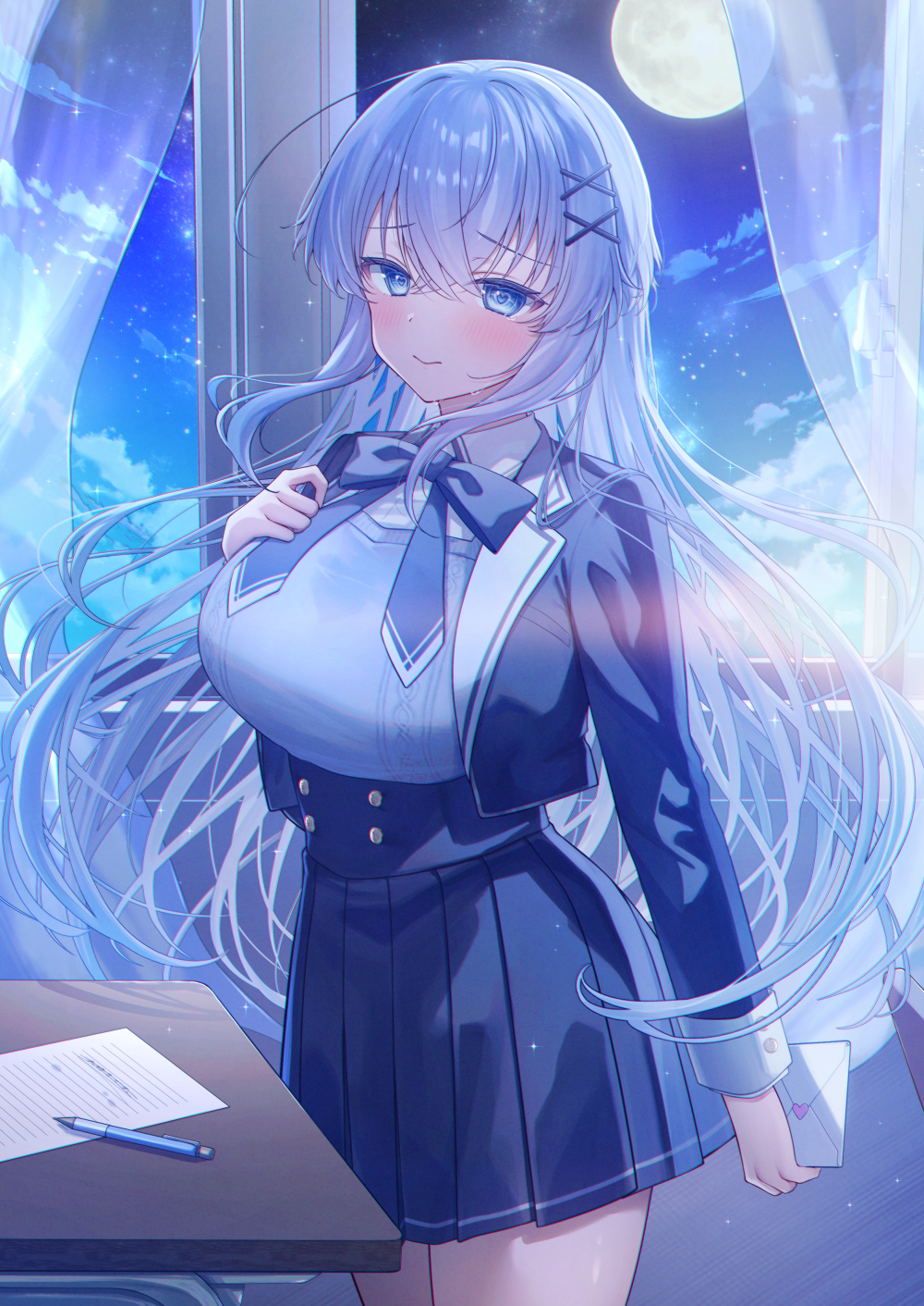 1girl blazer blue_bow blue_eyes blue_jacket blue_skirt blush bow breasts closed_mouth collared_shirt commentary_request cropped_jacket curtains desk envelope full_moon grey_hair gyozanuko hair_between_eyes hair_ornament hairclip hand_up heart highres holding holding_envelope indoors jacket large_breasts letter long_hair love_letter moon open_clothes open_jacket original pen pleated_skirt school_desk school_uniform shirt skirt solo sweat sweater_vest transparent very_long_hair white_shirt window x_hair_ornament