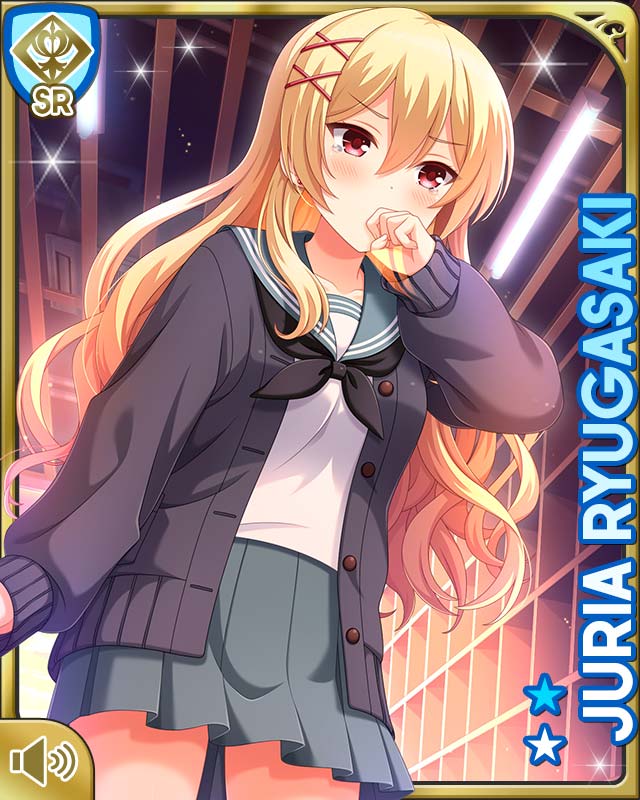 1girl black_cardigan black_neckwear blonde_hair breasts card_(medium) cardigan character_name covered_mouth earrings girlfriend_(kari) grey_skirt jewelry long_sleeves official_art outdoors pleated_skirt qp:flapper red_eyes ryugasaki_juria sailor_collar school_uniform shirt skirt standing tagme white_shirt