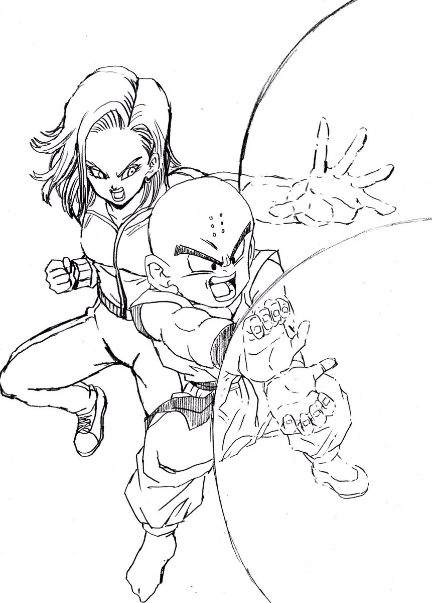 1boy 1girl android_18 bald bald_male couple dragon_ball dragon_ball_super highres husband_and_wife kamehameha_(dragon_ball) ki_blast kuririn muscular muscular_male serious toriyama_akira_(style) young_jijii youngjijii