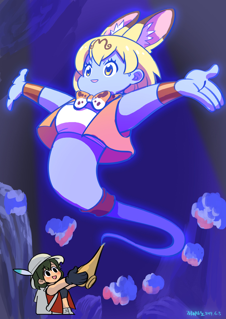 2girls :d aladdin_(movie) alternate_skin_color animal_ear_fluff animal_ears animal_print backpack bag blonde_hair blue_skin bow bowtie colored_skin commentary_request crossover dated extra_ears genie_(aladdin) hat hat_feather kaban_(kemono_friends) kemono_friends multiple_girls oil_lamp open_mouth orange_vest outstretched_arms print_neckwear red_vest roonhee serval_(kemono_friends) short_hair signature sleeveless smile smoke spread_arms strapless traditional_bowtie tube_top two-tone_bow two-tone_bowtie vest white_headwear yellow_eyes