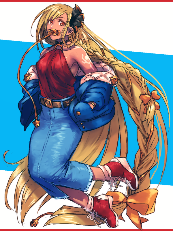 01rosso 1girl alternate_costume bad_id bad_pixiv_id bare_shoulders belt blonde_hair bow braid breasts coat contemporary dark-skinned_female dark_skin granblue_fantasy hair_bow hair_ribbon helel_ben_shalem letterboxed long_hair pacifier red_eyes red_shirt ribbon shirt shoes solo tattoo very_long_hair