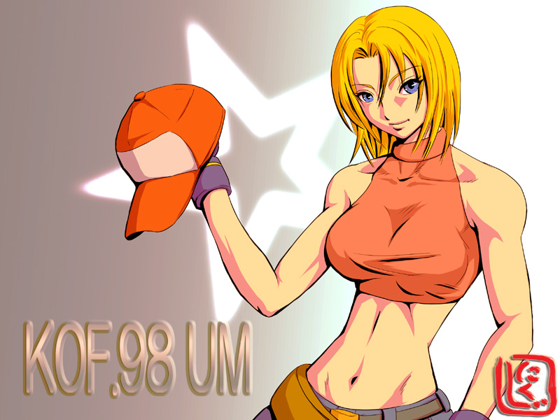1girl bare_shoulders baseball_cap belt blonde_hair blue_eyes blue_mary breasts crop_top female_focus gloves halterneck hat holding holding_unworn_clothes holding_unworn_hat large_breasts narrow_waist navel nikuji-kun short_hair snk solo taut_clothes the_king_of_fighters the_king_of_fighters_&#039;98 toned toned_female unworn_hat unworn_headwear