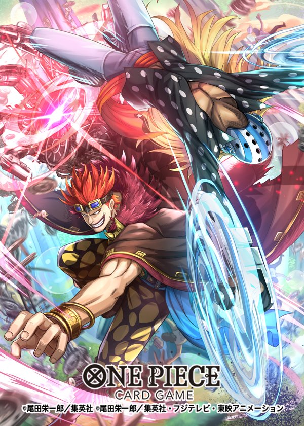 2boys black_shirt blonde_hair eustass_kid goggles goggles_on_head hokuyuu killer_(one_piece) long_hair mask mechanical_arms multiple_boys muscular muscular_male official_art one_piece one_piece_card_game red_hair shirt short_hair single_mechanical_arm smirk