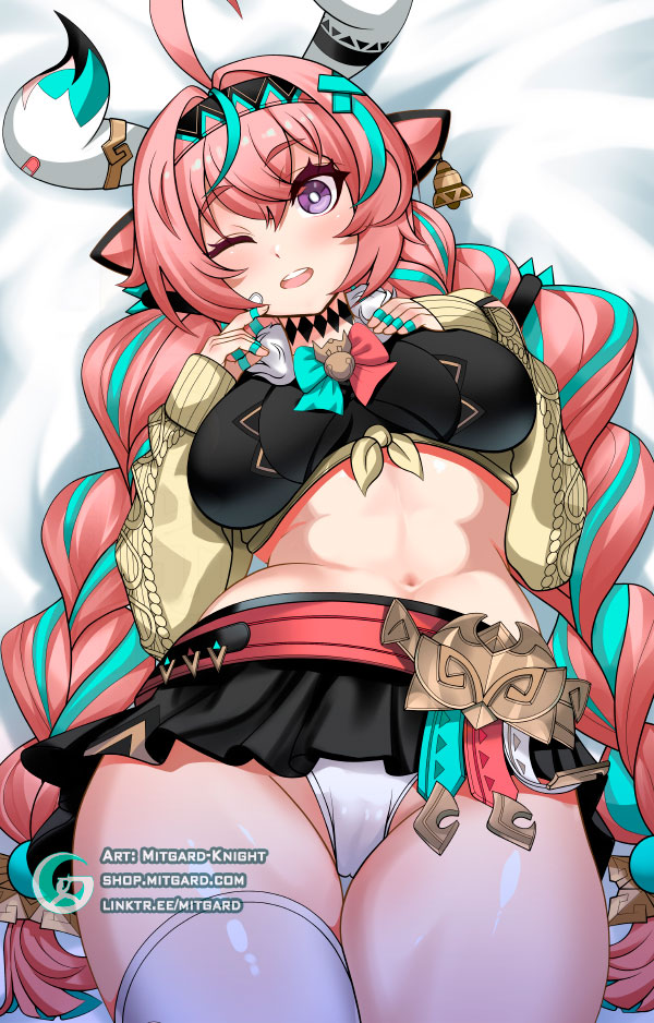 1girl animal_ears aqua_bow aqua_hair artist_name bandaid bandaid_on_cheek bandaid_on_face bandaid_on_horn bandeau bed_sheet bell bell_earrings belt black_bandeau black_hairband black_skirt blush bow braid breasts commentary cow_ears cow_girl cow_horns cowbell dakimakura_(medium) detached_sleeves earrings english_commentary genshin_impact hairband horns jewelry large_breasts long_hair lying mitgard-knight multicolored_hair multicolored_hairband navel on_back one_eye_closed open_mouth panties pink_bandaid pink_belt pink_bow pink_hair pink_hairband purple_eyes ribbed_sleeves single_earring single_thighhigh skirt solo stomach streaked_hair teeth thighhighs thighs twin_braids twintails underwear varesa_(genshin_impact) white_horns white_panties white_thighhighs yellow_sleeves