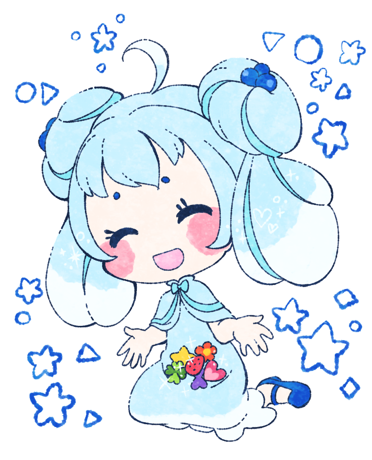 1girl ^_^ ahoge alcremie alcremie_(berry_sweet) alcremie_(mint_cream) blue_bow blue_capelet blue_dress blue_hair blue_shoes blue_theme blush blush_stickers bow capelet circle closed_eyes clover diamond_(shape) double_bun dress female_focus flower food four-leaf_clover fruit full_body gen_8_pokemon hair_bobbles hair_bun hair_ornament hands_up happy heart muguet multicolored_hair nintendo open_mouth orange_flower personification pokemon shoes sidelocks sitting smile solo sparkle star_(symbol) strawberry streaked_hair triangle wariza white_background white_hair
