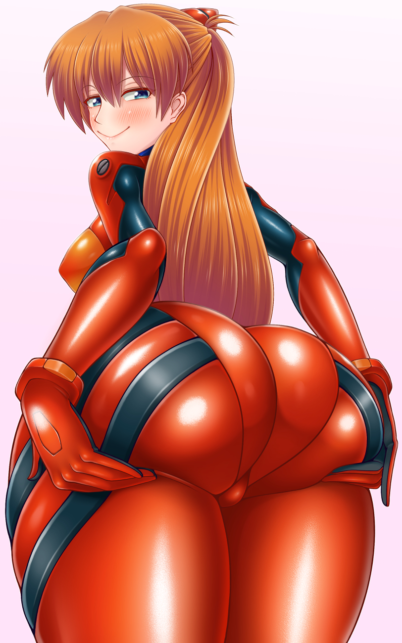 1girl :&gt; ass ass_focus ass_press blue_eyes blush bodysuit breasts butt_crack curvy grabbing_own_ass highres huge_ass large_breasts long_hair looking_at_viewer looking_back mecha_pilot_suit naughty_face neon_genesis_evangelion pixiv1478062 plugsuit_(evangelion) red_bodysuit shiny_clothes skin_tight smile solo souryuu_asuka_langley twintails wide_hips