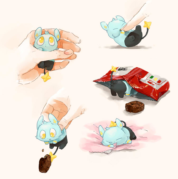aqua_fur bag closed_mouth commentary_request disembodied_hand fingernails food gen_4_pokemon gum_(gmng) holding holding_pokemon looking_up nintendo pokemon pokemon_(creature) shinx tail yellow_eyes