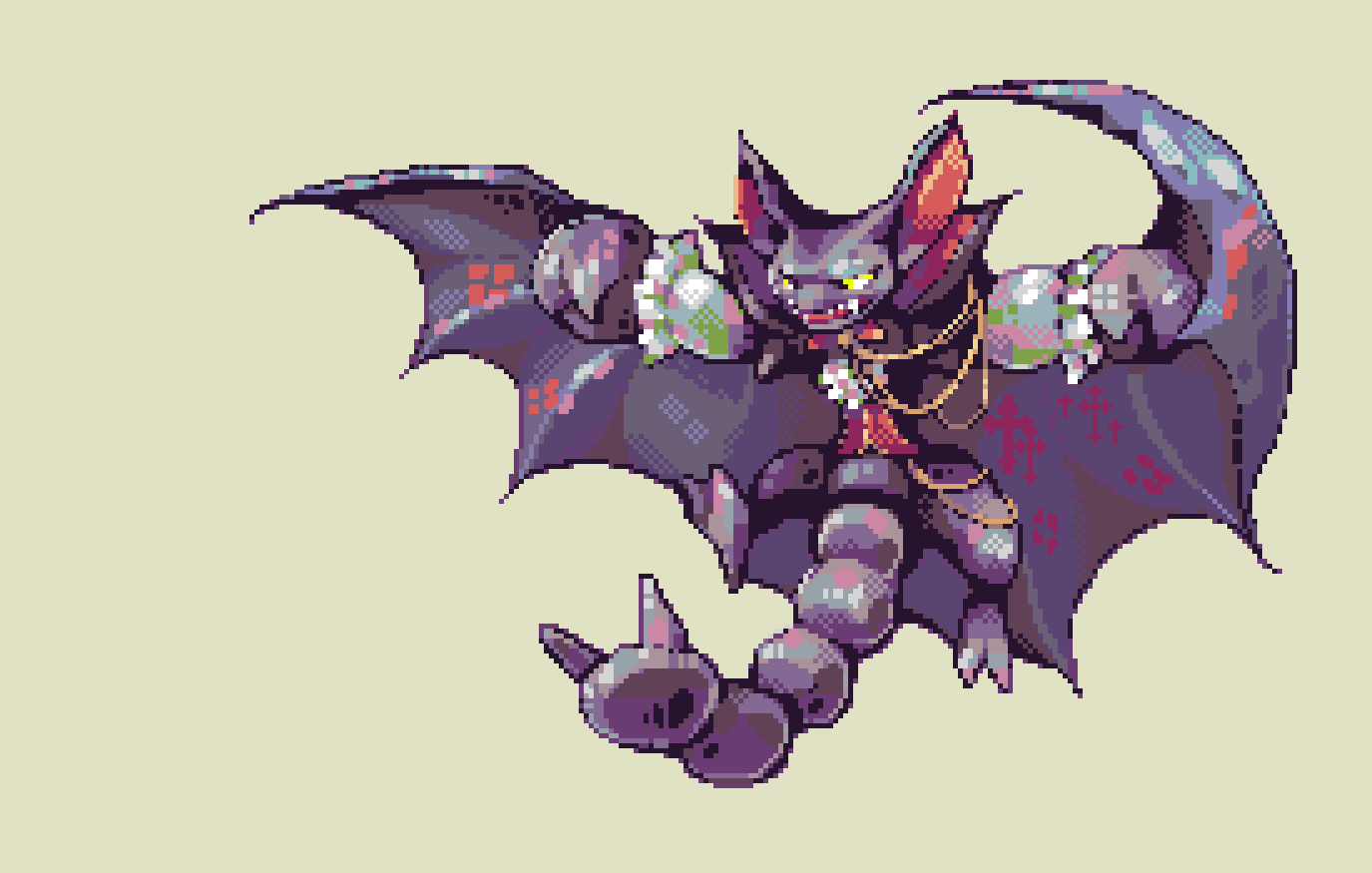 animal_focus claws clothed_pokemon cosplay dracula dracula_(cosplay) gen_4_pokemon gliscor nintendo no_humans pixel_art pokemon pokemon_(creature) robin_(pixelated_robin) simple_background tail wings yellow_background yellow_eyes