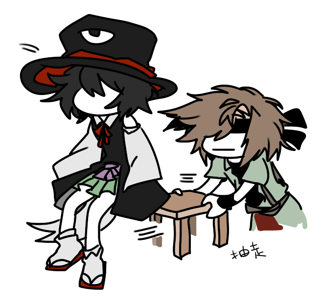 2others androgynous bare_shoulders belt black_coat black_hair black_hat black_headband black_shirt bow bowtie brown_belt brown_hair closed_mouth clothing_cutout coat coattails collared_jacket collared_shirt collared_socks commentary cropped_legs english_commentary enraku_tsubakura expressionless eye_of_senri faceless full_body green_hakama green_jacket grey_shirt grey_socks hakama hakama_short_skirt hakama_skirt hat headband holding jacket japanese_clothes kurohebi lapels len&#039;en ling_s long_sleeves motion_lines multiple_others open_clothes open_jacket other_focus pants red_bow red_bowtie red_footwear red_pants sandals shirt short_hair short_sleeves shoulder_cutout simple_background skirt sleeveless sleeveless_coat sleeves_past_fingers sleeves_past_wrists socks speed_lines stool tabi top_hat two-sided_fabric two-sided_headwear white_background wide_sleeves zouri