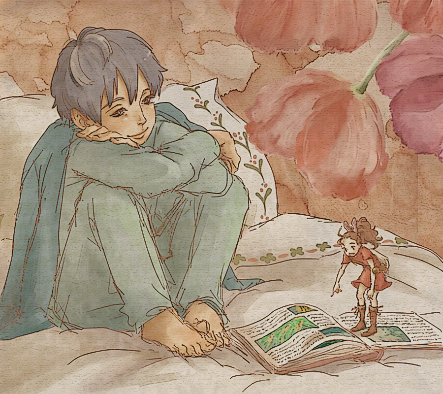 10s 1boy 1girl arrietty bad_id bad_pixiv_id barefoot bed book crossed_arms dress feet flower karigurashi_no_arrietty mini_person minigirl pointing red_dress shou_(karigurashi_no_arrietty) shun_yazz sitting size_difference sketch smile studio_ghibli