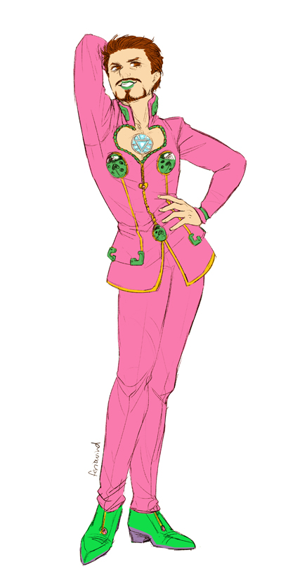 1boy avengers_(series) brown_hair bug cleavage_cutout clothing_cutout cosplay fabulous facial_hair feriowind giorno_giovanna giorno_giovanna_(cosplay) insect jojo_no_kimyou_na_bouken ladybug lipstick makeup male_focus marvel mustache solo tony_stark vento_aureo