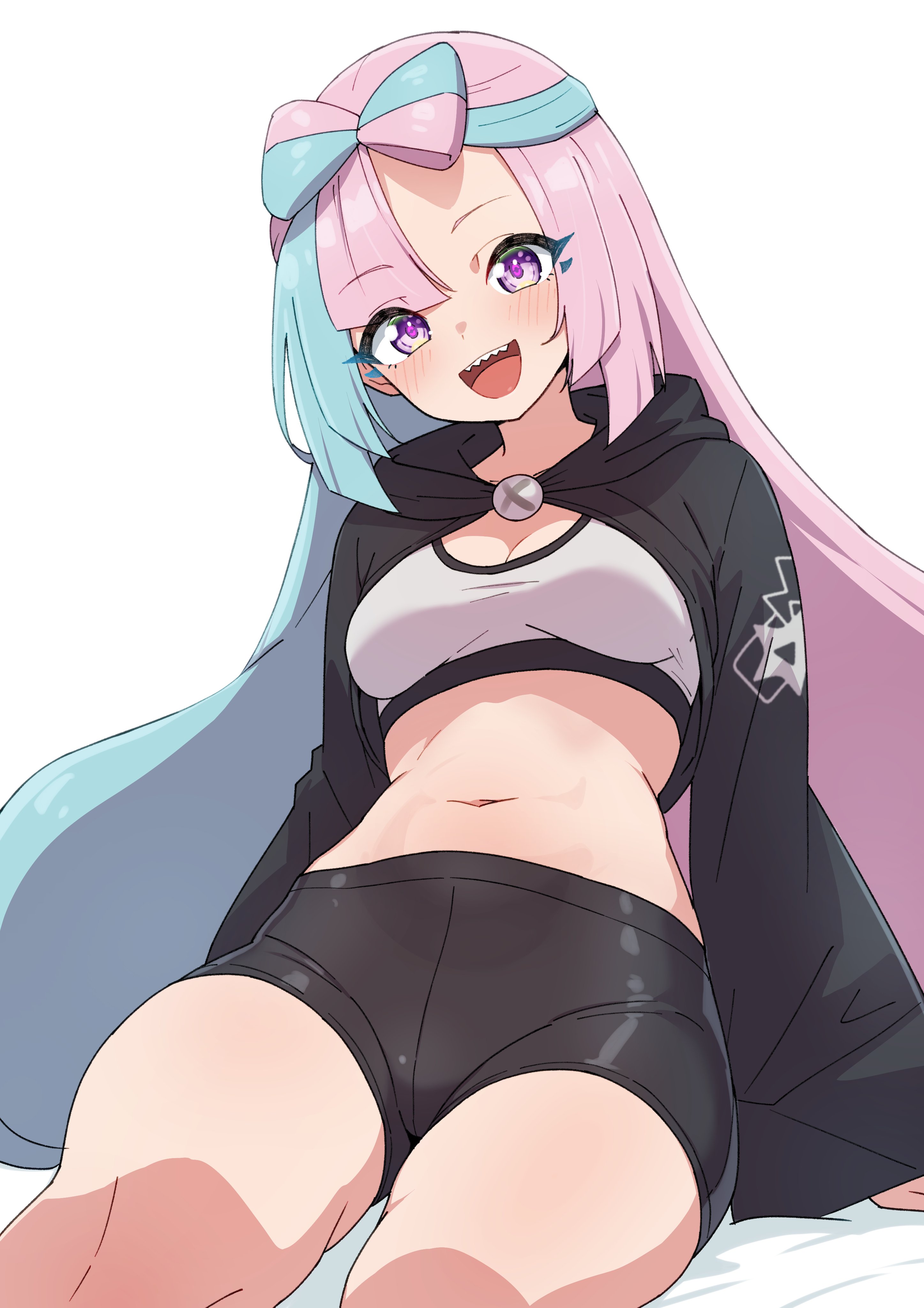 1girl absurdres aqua_hair black_shorts black_shrug blush bow-shaped_hair breasts cleavage grey_sports_bra hashtag-only_commentary highres iono_(pokemon) kamidan large_breasts long_hair long_sleeves looking_at_viewer midriff multicolored_hair navel nintendo open_mouth pink_eyes pink_hair pokemon pokemon_sv sharp_teeth shorts shrug_(clothing) simple_background sitting sleeves_past_wrists smile solo split-color_hair sports_bra stomach teeth thighs two-tone_hair white_background